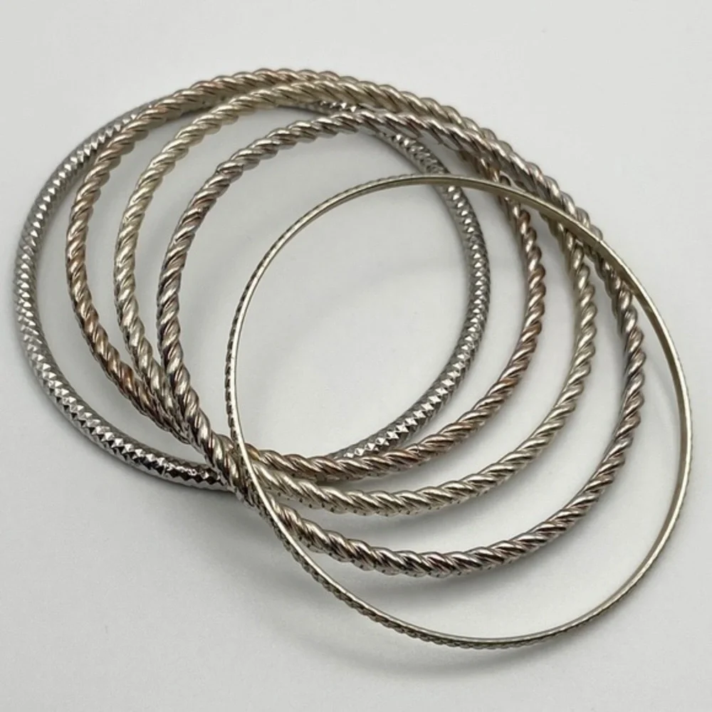 Bangle Bracelets Silver Tone Textured‎ Boho 5 Piece Set